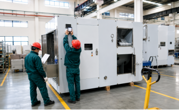 Technicians inspecting pharmaceutical equipment before delivery