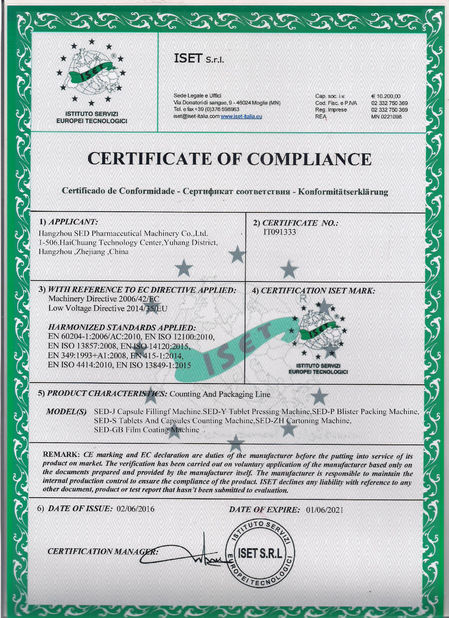 China Hangzhou SED Pharmaceutical Machinery Co.,Ltd. Certification